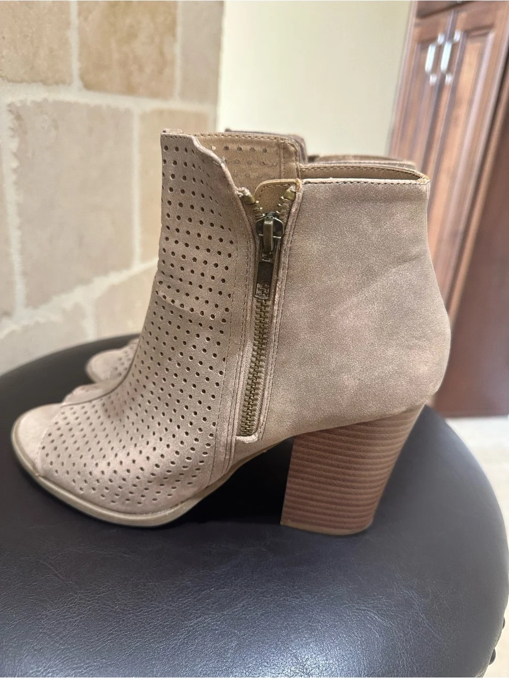 Women's Peep-Toe Perforated Ankle Bootie - Taupe